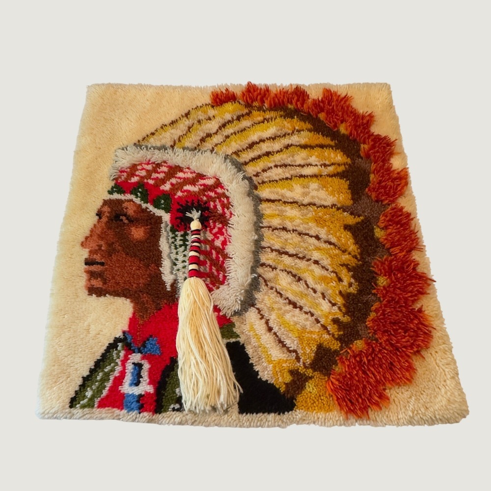 Vintage 1970s Latch Hook Rug Native American Indian Chief Vintage 33x33 Wall Art